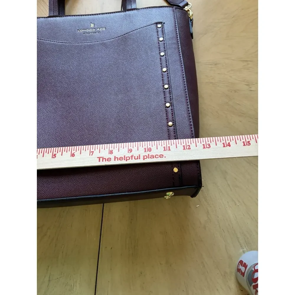 London Fog Sofia Studded Tote Bag & Matching Wallet Plum Burgundy Career Laptop